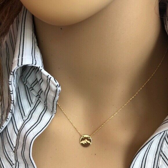 14K Solid Gold Mini Disk Disc Engrave Mountain Dainty Necklace - Minimalist