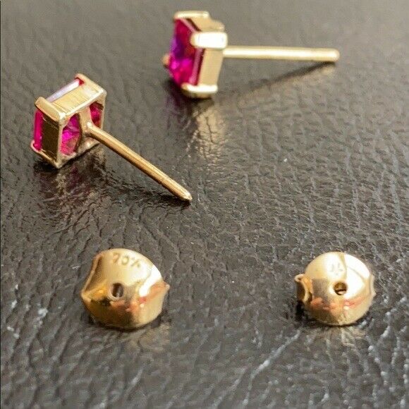 14K Solid Gold Square Shape Red CZ Stud Earrings - Minimalist