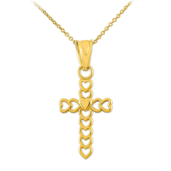 10K Solid Gold Open Hearts Cross Pendant Necklace - Yellow, Rose, or White