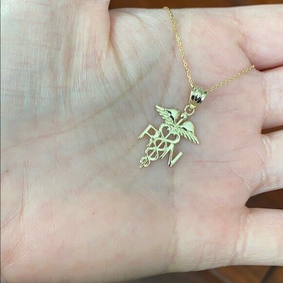 10K Rose Gold Caduceus Medical RN Registered Nurse Herald Staff Pendant Necklace