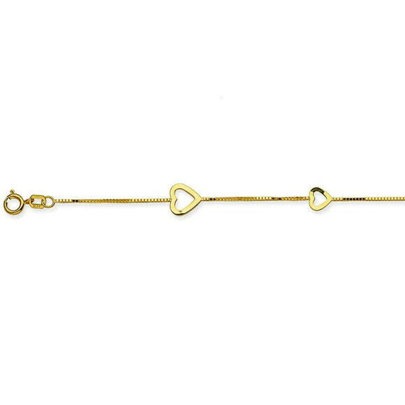 14K Solid Gold Box Chain Heart Anklet -Yellow 9"-10" Adjustable