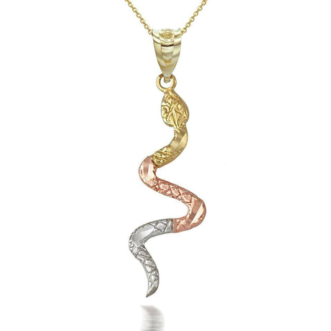 14K Solid Gold Snake Pendant Necklace - Yellow, Rose, or White - Two Tone
