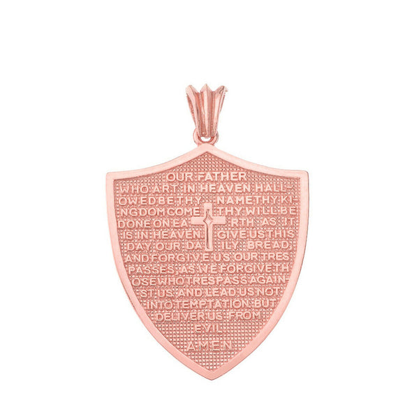 10k Solid Rose Gold The Lord’s Prayer Shield Medallion Pendant Necklace