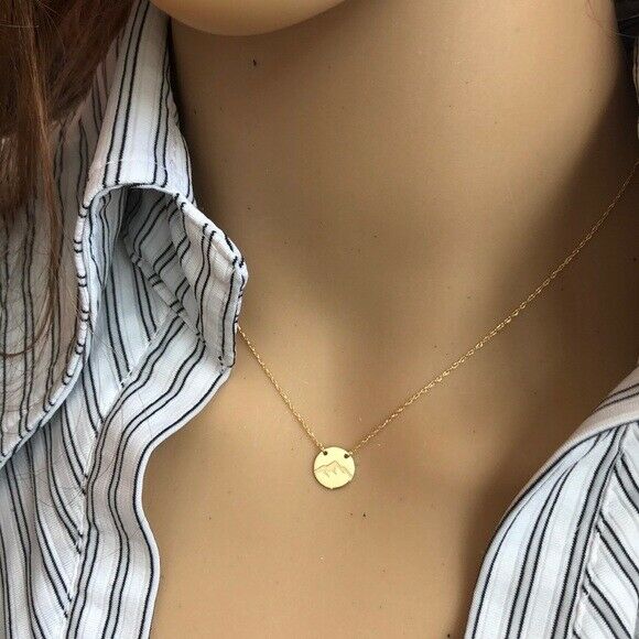 14K Solid Gold Mini Disk Disc Engrave Mountain Dainty Necklace - Minimalist