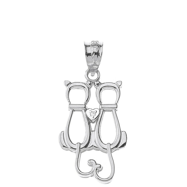 14K Solid Gold A Pair of Love Cats Heart Diamond Pendant Necklace