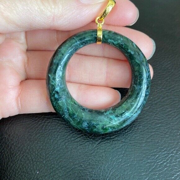 14K Solid Gold Green Large Round Natural Jade Pendant Necklace