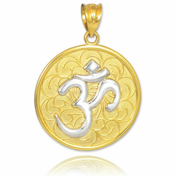 14k Solid Real Gold Two-Tone OHM (OM) Medallion Pendant Necklace