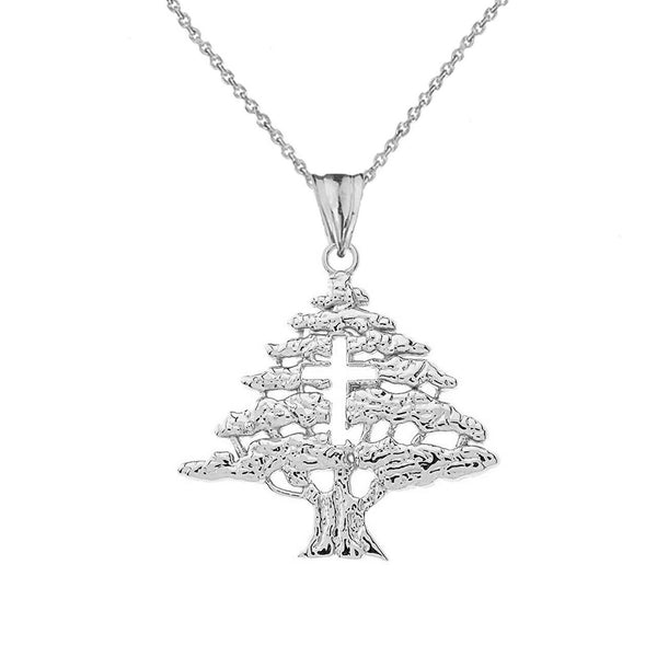 925 Sterling Silver Lebanon Lebanese Cedar Tree Cut out Cross Pendant Necklace