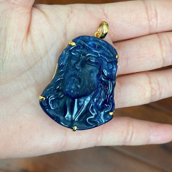 14K Real Solid Gold Carving Jesus Sodalite Christ Head Pendant Charm Large
