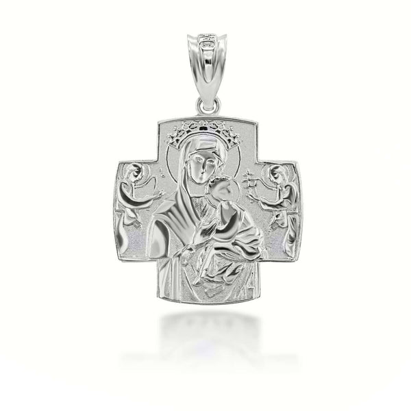 Sterling Silver Jesus Mary Two Sided Russian Orthodox Cross Pendant Necklace