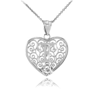 925 Sterling Silver Filigree Heart CZ Initial Letter T Pendant Necklace