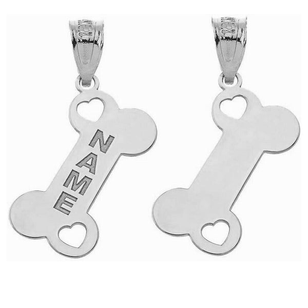 Personalized Engrave Name Silver Dog Bone Heart Charm Pendant Necklace