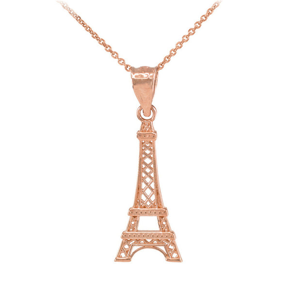 14K Solid Rose Gold Eiffel Tower Statue France Souvenir Pendant Necklace