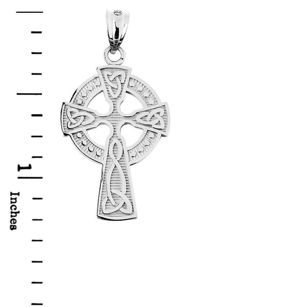 14K Solid White Gold Trinity Knot Celtic Cross Pendant Necklace