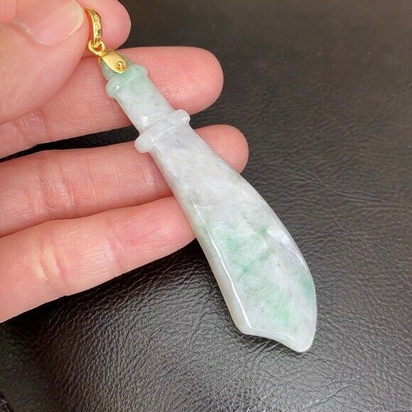 14K Solid Yellow Gold Scimitar Sword Knife Natural Jade Pendant Charm