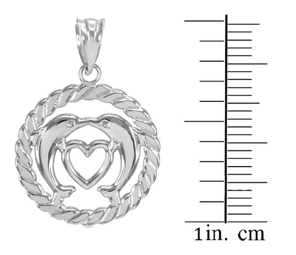 925 Sterling Silver Dolphin Kissing Heart in Circle Rope Pendant Necklace