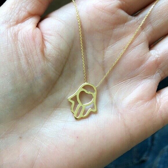14K Solid Yellow Real Gold Wire Hamsa Hand Necklace - Adjustable 16"-18"