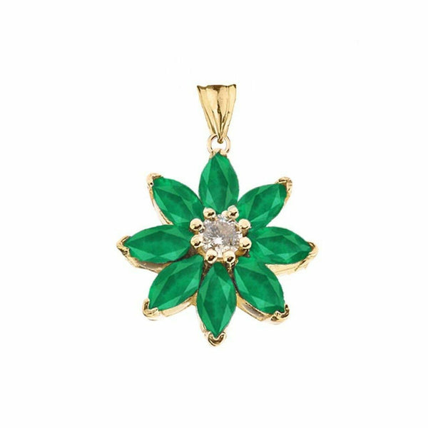Solid 10k Yellow Gold Genuine Emerald and Diamond Daisy Pendant Necklace