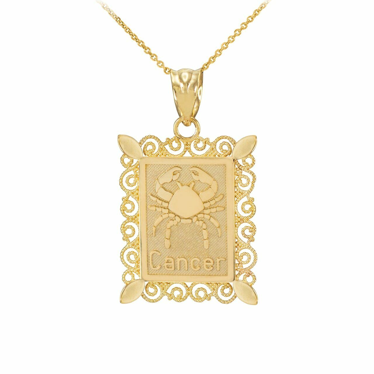 10k Solid Gold Cancer Zodiac Sign Filigree Rectangular Pendant Necklace
