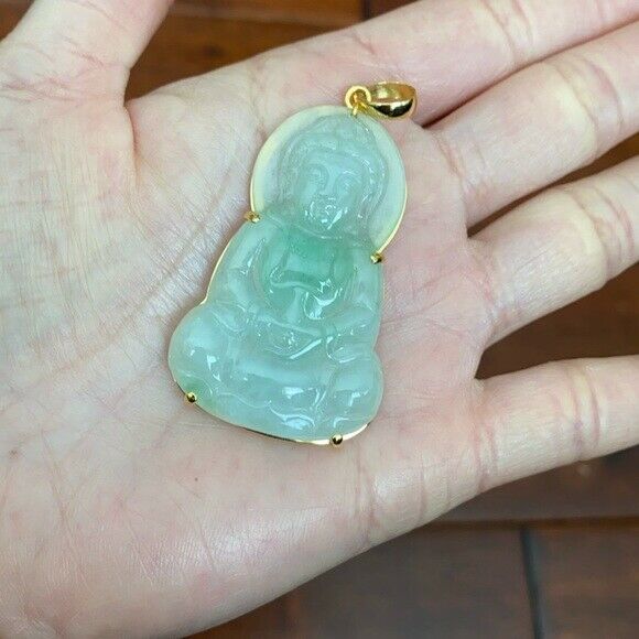 14K Solid Gold Natural Jadeite Jade Kwan Yin Lady Buddha Pendant Transparent