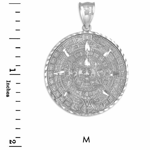 10K White Gold Aztec Mayan Mexico Sun Calendar Pendant - Small, Medium, Large
