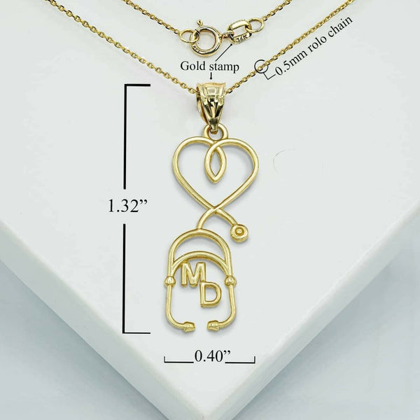14K Solid Gold Medical Doctor MD Heart Stethoscope Pendant Necklace