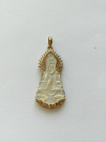 NEW 14K Solid Yellow Gold Kwan Yin Lady Buddha Shell Pearl Religious Pendant