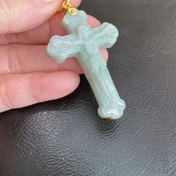 14k Solid Real Yellow Gold Jesus Crucifix Carved Jade A Cross Religious Pendant