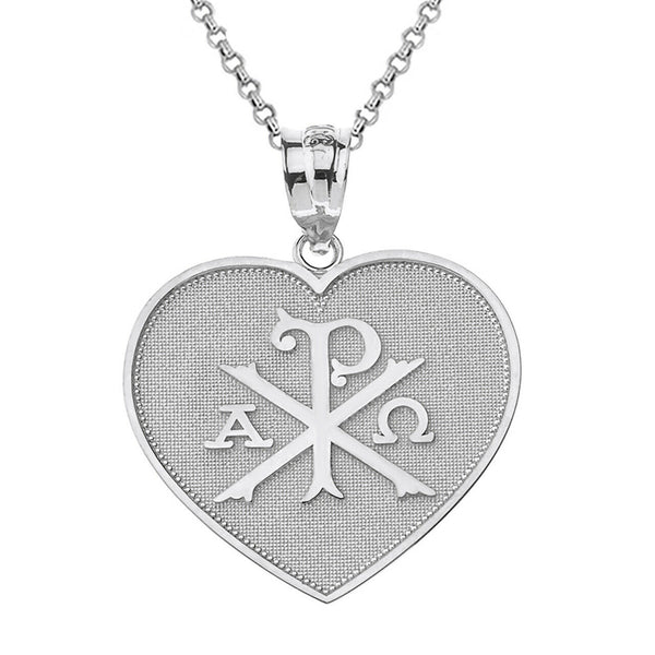 925 Sterling Silver Christian Symbol Chi Rho Heart Shape Pendant Necklace