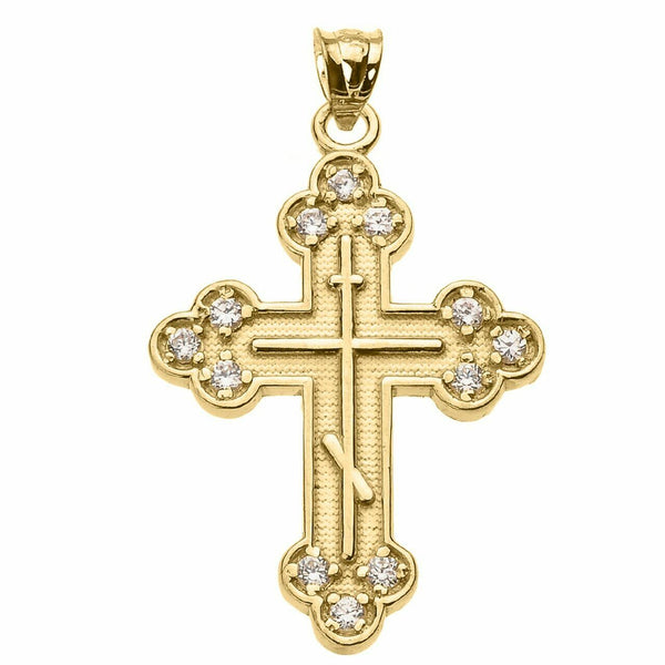 Solid 10k Yellow Gold Diamond Eastern Orthodox Cross Pendant Necklace