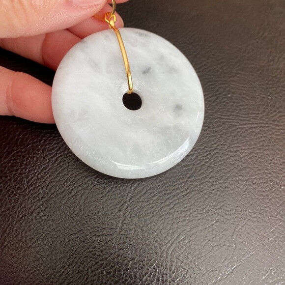 14K Solid Yellow Gold Round Large Donut Natural Jade Pendant Charm White
