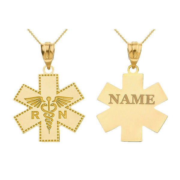 Personalize Name 10k 14k Gold Caduceus RN Registered Nurse EMT Pendant Necklace