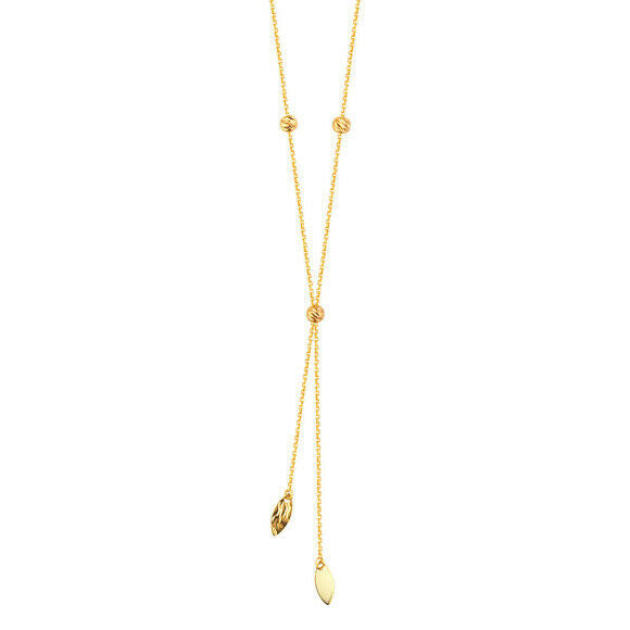 14K Solid Yellow Gold Hammered Marquise Bead Lariat Necklace adjustable 16"-18"