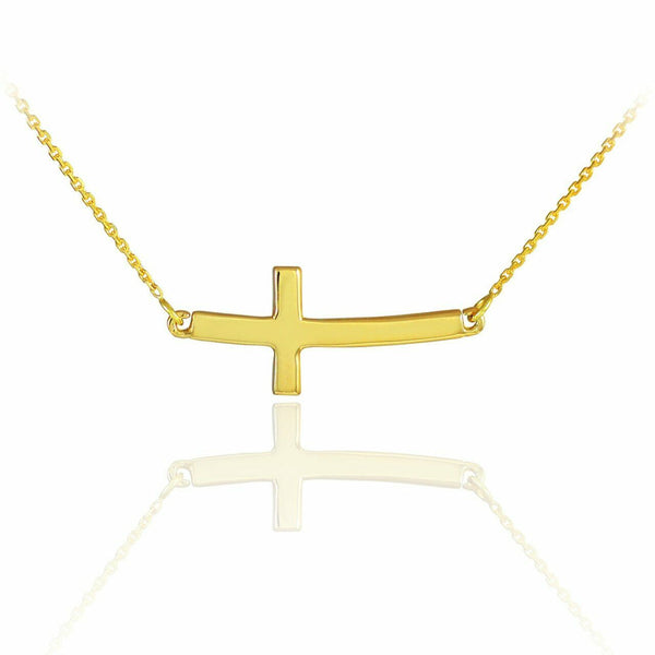 14K Solid Real Yellow Gold Sideways Curved Cute Cross Necklace 16" 18" 20" 22"