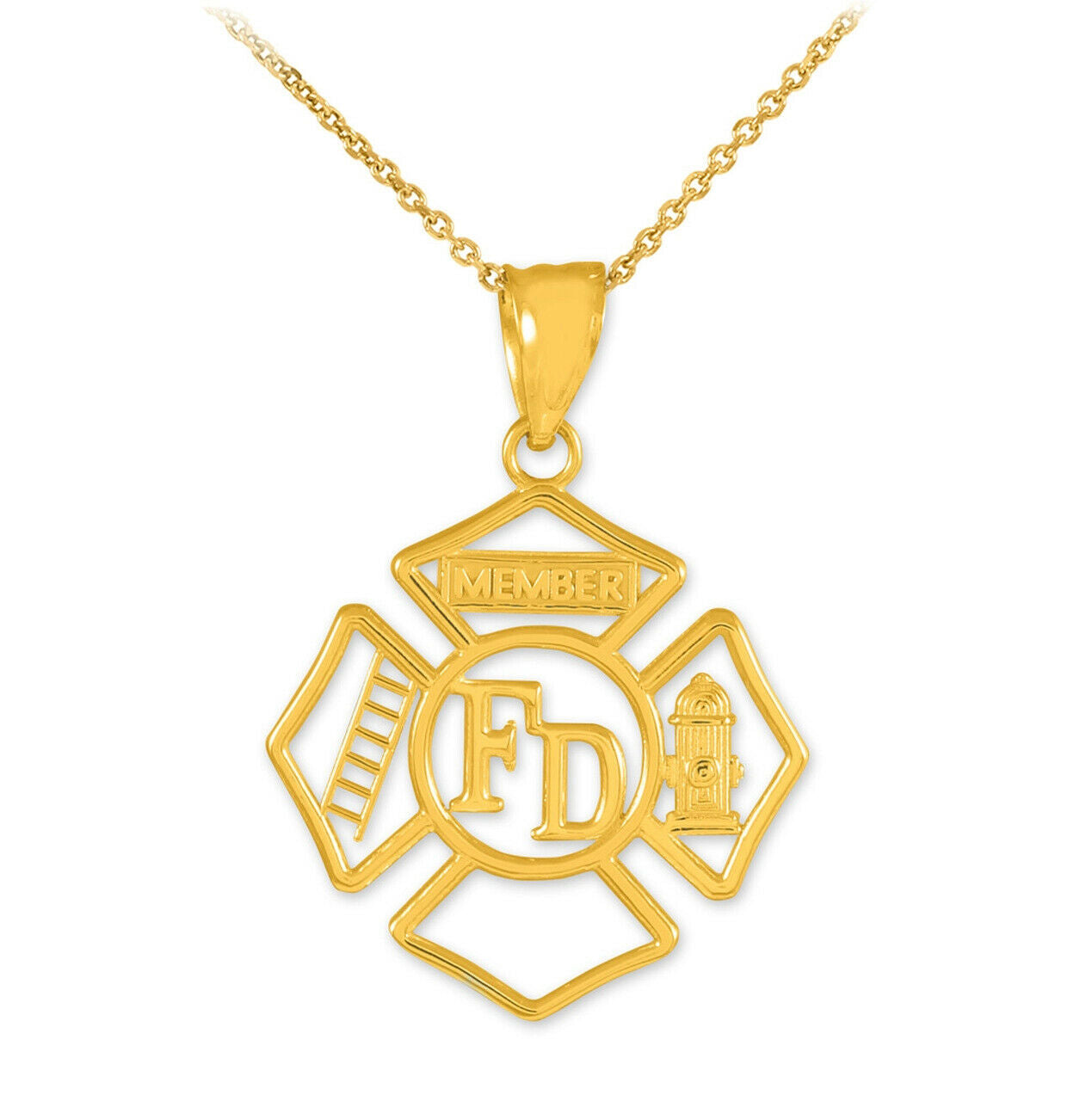 10k Solid Yellow Gold Fire Department Firefighter Member Badge Pendant Necklace
