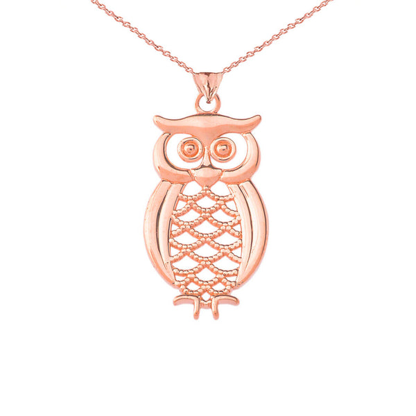 14K Solid Gold Owl Horseshoe Pendant Necklace - Yellow, Rose, or White Gold
