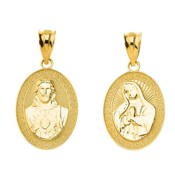 10K Solid Gold Reversible Virgin Mary and Jesus Christ Oval Pendant Necklace