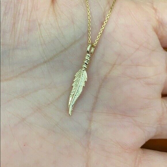 10k Yellow Gold Solid Dainty Feather Pendant Necklace