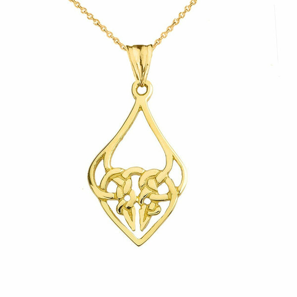 14k Solid Yellow Gold Designer Celtic Knot Statement Pendant Necklace