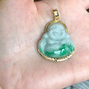 14K Solid Gold Happy Laughing Buddha Natural Green Jade Religious Pendant - P475