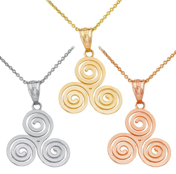 10k or 14k Solid Gold Swirl Celtic Knot Triskele Triskelion Pendant Necklace