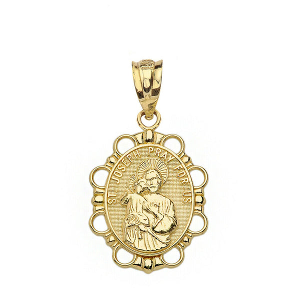 14k Solid Yellow Gold Saint Joseph Pray For Us Oval Pendant Necklace