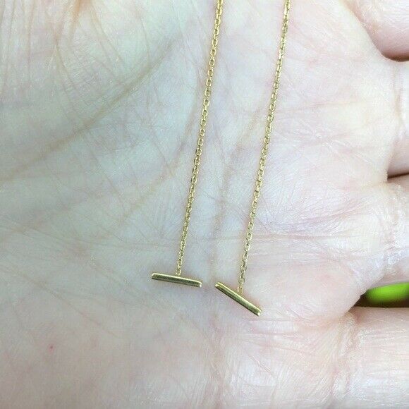 14K Solid Yellow Gold Mini Bar Cable Chain Threader Earrings