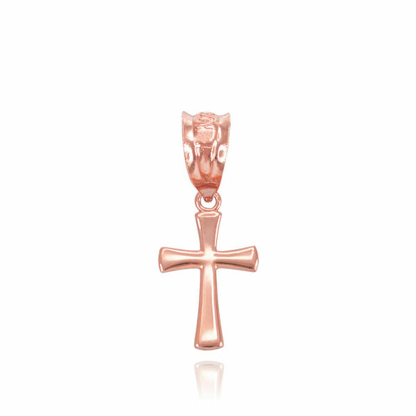 10K Solid Rose Gold Round Mini Small Cross Pendant Necklace 16" 18" 20" 22"