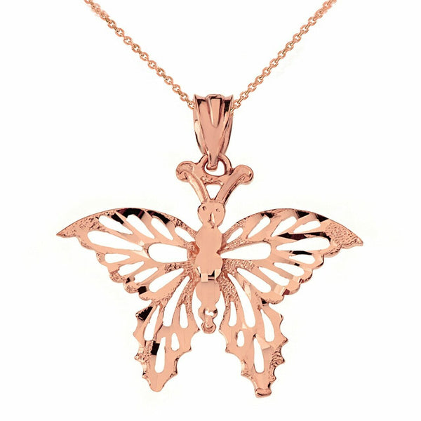 10k 14k Solid Gold Filigree Diamond Cut Butterfly Charm Pendant Necklace