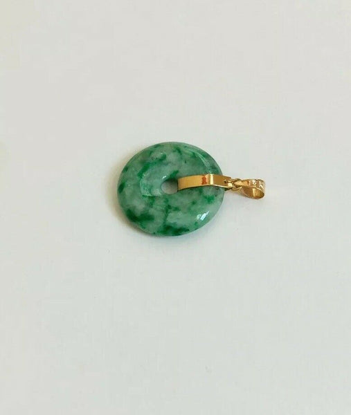 18K Solid Yellow Gold Green Donut Round Natural Jade Pendant - ES5