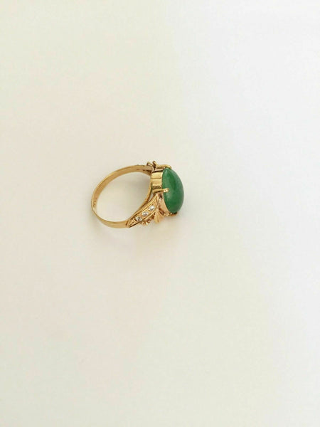 14K Solid Yellow Gold Oval Green Jade Women CZ Ring Size 5.5