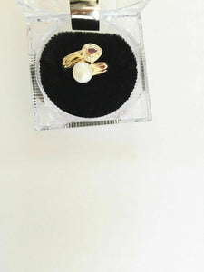 14K Solid Yellow Gold Pearl and Ruby Women Ring size 4.5