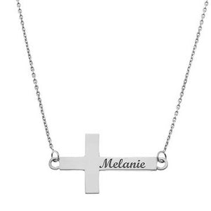 Personalized Sideways Cross Name Engrave Christian Silver Pendant Necklace