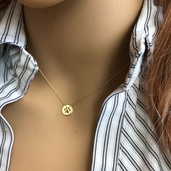 14K Solid Gold Mini Disk Disc Paw Print Dainty Necklace - Minimalist 16"-18"